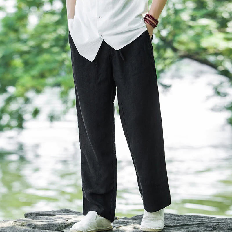 Pantalon pour Homme à Jambe Large en Coton et Lin Uni avec Poches