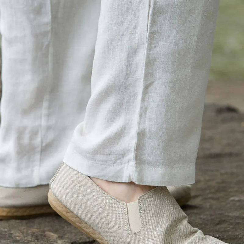 Pantalon pour Homme à Jambe Large en Coton et Lin Uni avec Poches