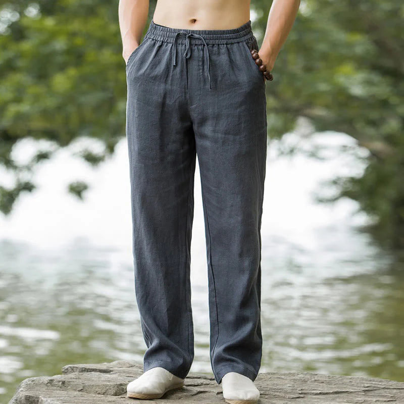 Pantalon pour Homme à Jambe Large en Coton et Lin Uni avec Poches