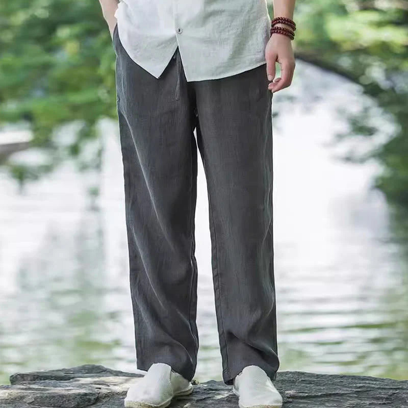 Pantalon pour Homme à Jambe Large en Coton et Lin Uni avec Poches