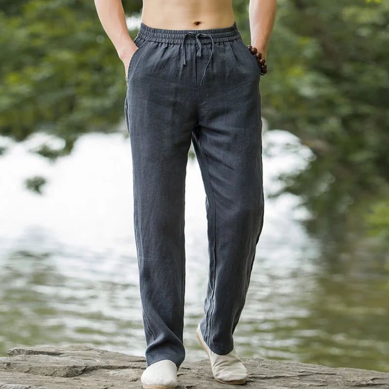 Pantalon pour Homme à Jambe Large en Coton et Lin Uni avec Poches