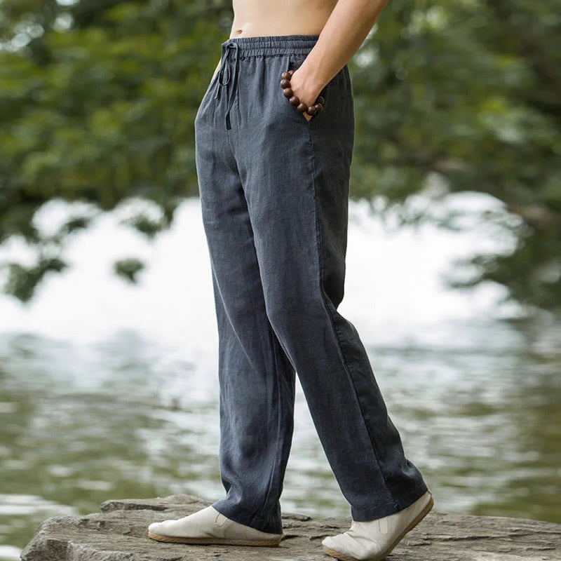 Pantalon pour Homme à Jambe Large en Coton et Lin Uni avec Poches