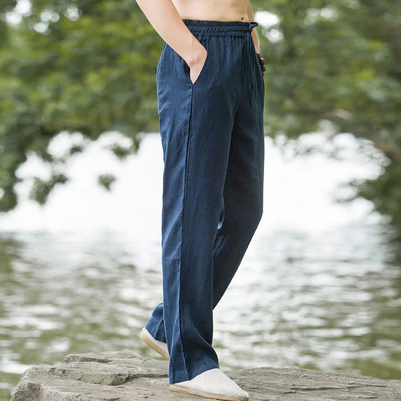 Pantalon pour Homme à Jambe Large en Coton et Lin Uni avec Poches