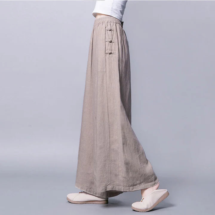 Pantalon Décontracté pour Femme en Coton à Taille Haute avec Boutons Grenouille, Coupe Large et Poches