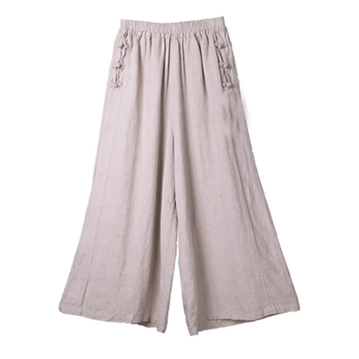 Pantalon Décontracté pour Femme en Coton à Taille Haute avec Boutons Grenouille, Coupe Large et Poches