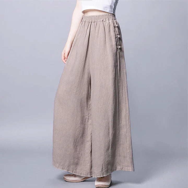 Pantalon Décontracté pour Femme en Coton à Taille Haute avec Boutons Grenouille, Coupe Large et Poches