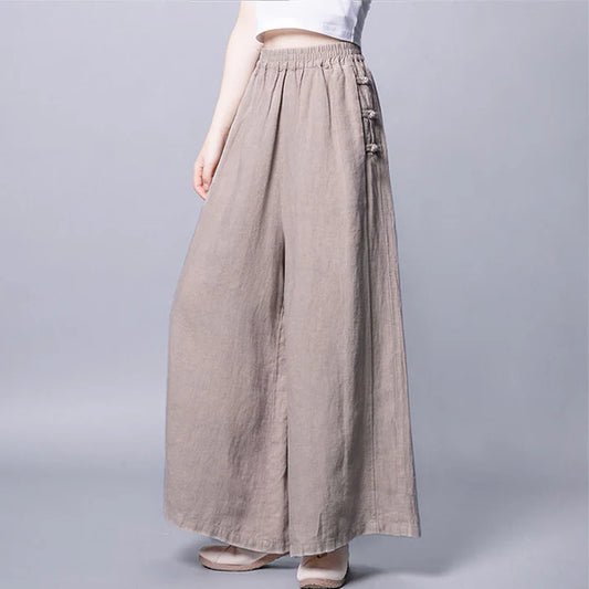 Pantalon Décontracté pour Femme en Coton à Taille Haute avec Boutons Grenouille, Coupe Large et Poches