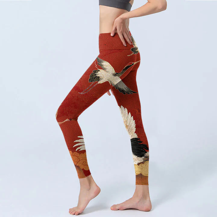 Legging de Yoga Femme Motif Grue – Tissu Lycra Extensible et Confortable