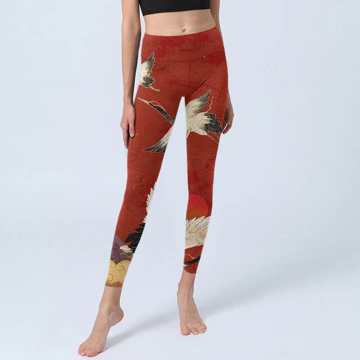 Legging de Yoga Femme Motif Grue – Tissu Lycra Extensible et Confortable
