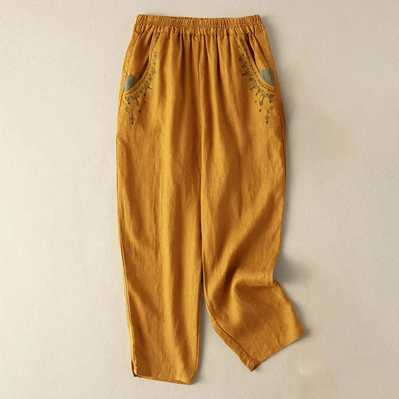 Pantalon Sarouel Capri Vintage pour Femme avec Taille Élastique, Broderie et Poches