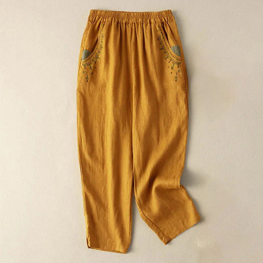 Pantalon Sarouel Capri Vintage pour Femme avec Taille Élastique, Broderie et Poches