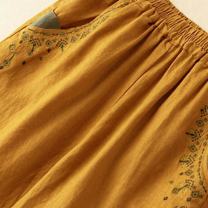 Pantalon Sarouel Capri Vintage pour Femme avec Taille Élastique, Broderie et Poches