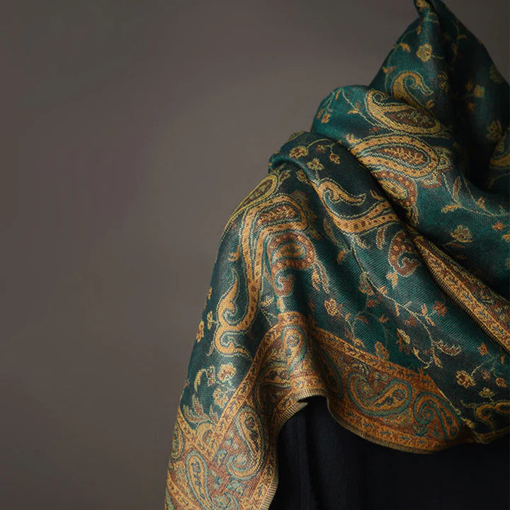 Châle Tibétain à Imprimé de Fleurs de Cajou et de Lianes avec Franges – Écharpe Douce d’Automne et d’Hiver