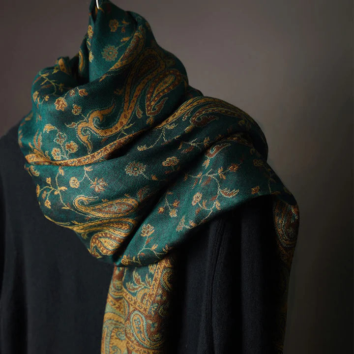 Châle Tibétain à Imprimé de Fleurs de Cajou et de Lianes avec Franges – Écharpe Douce d’Automne et d’Hiver