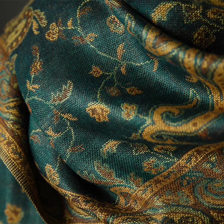 Châle Tibétain à Imprimé de Fleurs de Cajou et de Lianes avec Franges – Écharpe Douce d’Automne et d’Hiver