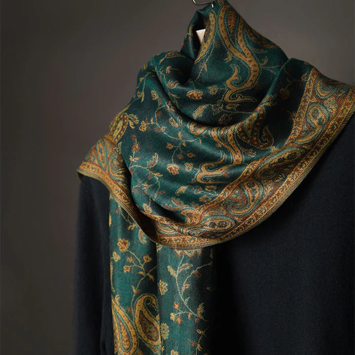 Châle Tibétain à Imprimé de Fleurs de Cajou et de Lianes avec Franges – Écharpe Douce d’Automne et d’Hiver