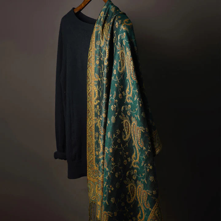 Châle Tibétain à Imprimé de Fleurs de Cajou et de Lianes avec Franges – Écharpe Douce d’Automne et d’Hiver