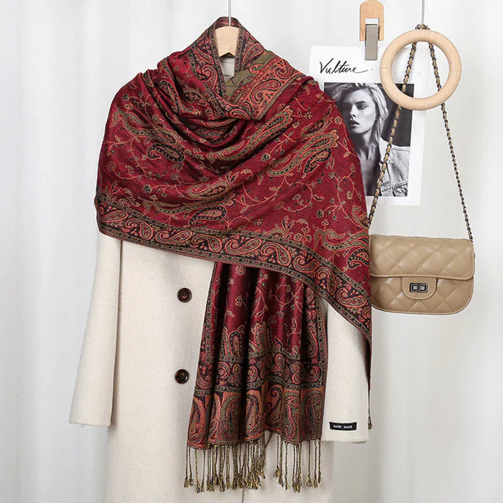 Châle Tibétain à Imprimé de Fleurs de Cajou et de Lianes avec Franges – Écharpe Douce d’Automne et d’Hiver