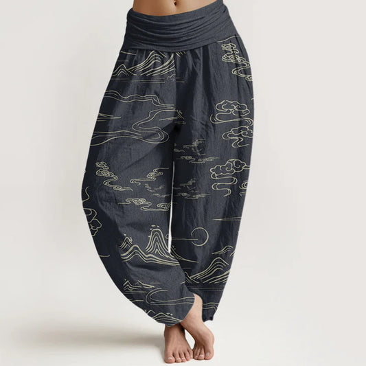 Pantalon Sarouel pour Femme à Taille Élastique avec Motif de Montagne, Lune et Nuages Auspicieux