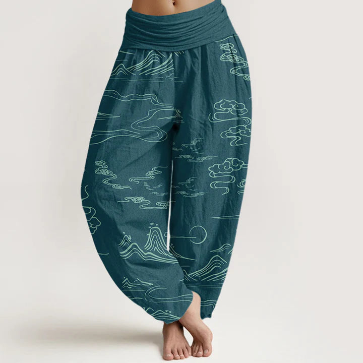 Pantalon Sarouel pour Femme à Taille Élastique avec Motif de Montagne, Lune et Nuages Auspicieux