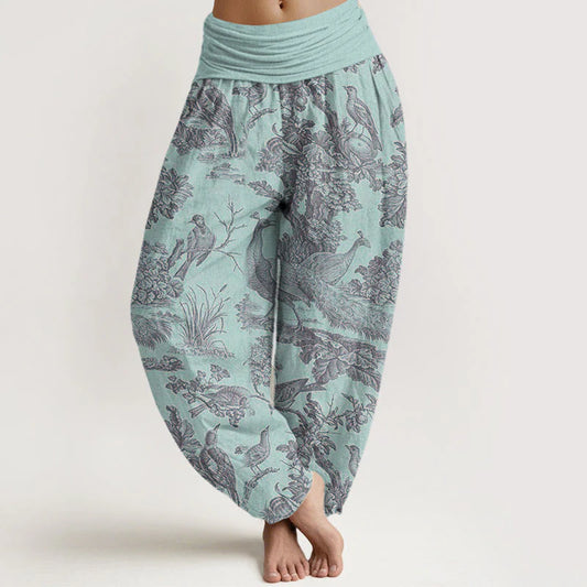 Pantalon Sarouel pour Femme à Taille Élastique avec Motif d’Oiseaux, d’Arbres et de Branches