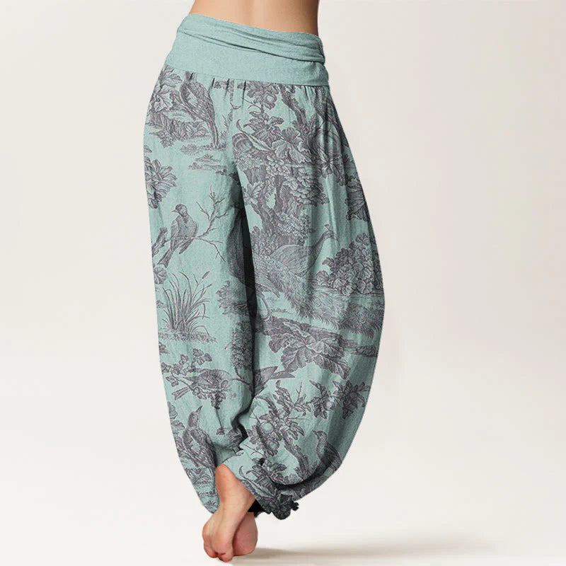 Pantalon Sarouel pour Femme à Taille Élastique avec Motif d’Oiseaux, d’Arbres et de Branches
