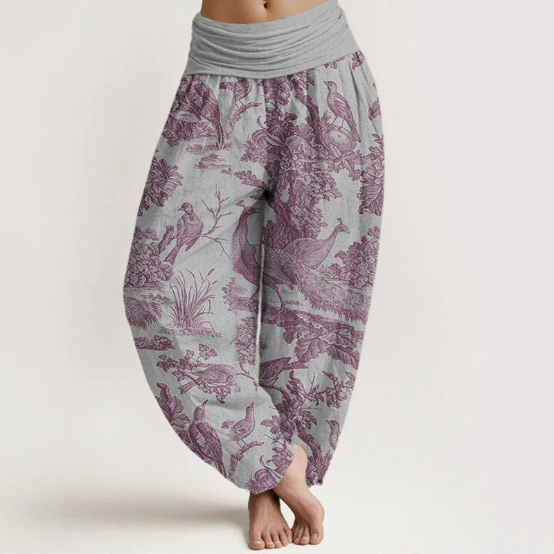Pantalon Sarouel pour Femme à Taille Élastique avec Motif d’Oiseaux, d’Arbres et de Branches
