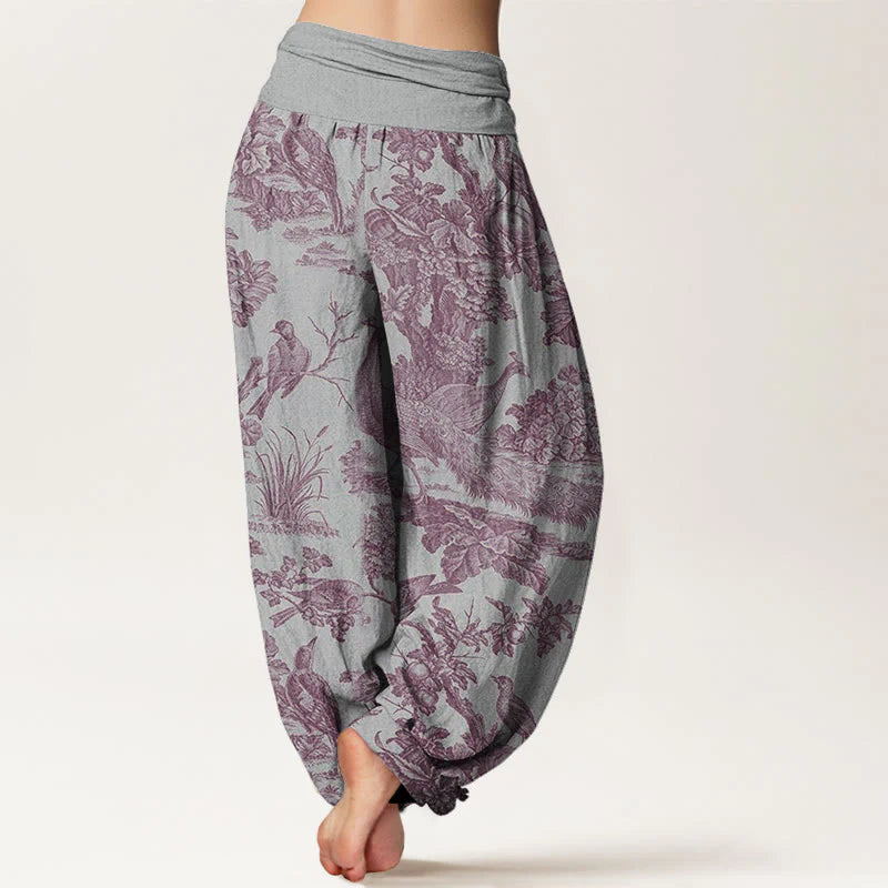 Pantalon Sarouel pour Femme à Taille Élastique avec Motif d’Oiseaux, d’Arbres et de Branches