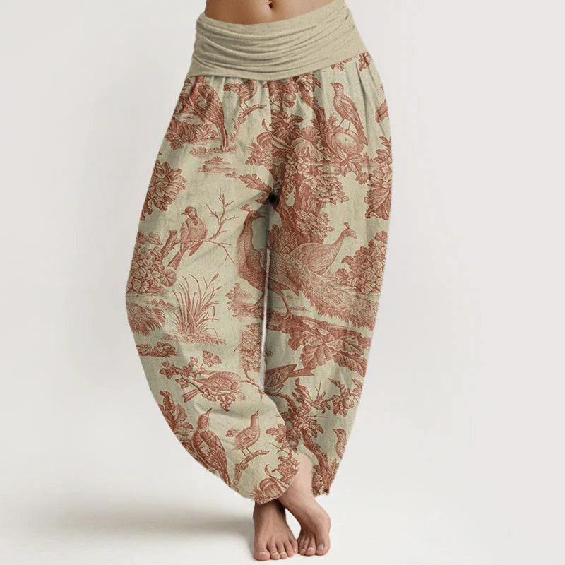 Pantalon Sarouel pour Femme à Taille Élastique avec Motif d’Oiseaux, d’Arbres et de Branches