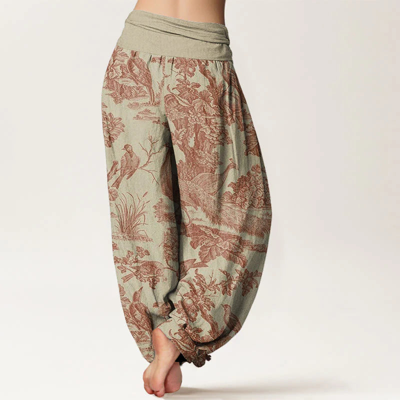 Pantalon Sarouel pour Femme à Taille Élastique avec Motif d’Oiseaux, d’Arbres et de Branches