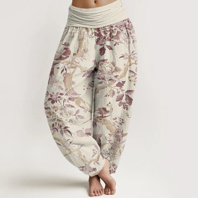 Pantalon Sarouel pour Femme à Taille Élastique avec Motif d’Oiseaux, de Branches et de Fleurs