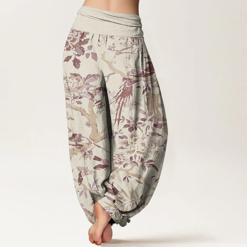 Pantalon Sarouel pour Femme à Taille Élastique avec Motif d’Oiseaux, de Branches et de Fleurs