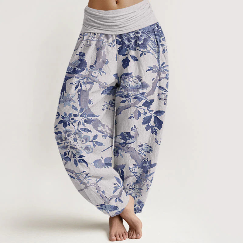 Pantalon Sarouel pour Femme à Taille Élastique avec Motif d’Oiseaux, de Branches et de Fleurs