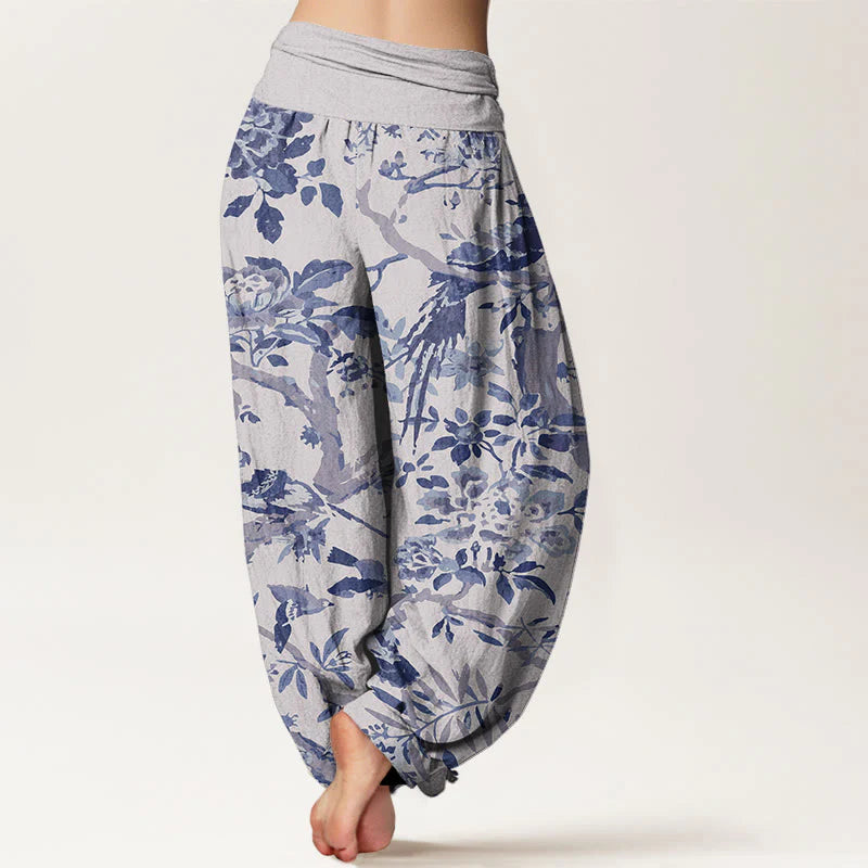 Pantalon Sarouel pour Femme à Taille Élastique avec Motif d’Oiseaux, de Branches et de Fleurs