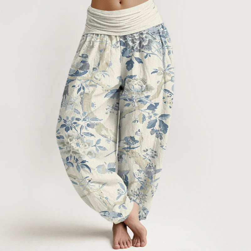 Pantalon Sarouel pour Femme à Taille Élastique avec Motif d’Oiseaux, de Branches et de Fleurs