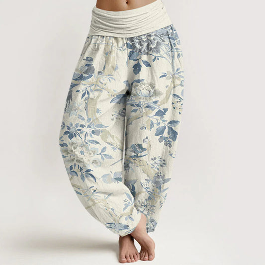 Pantalon Sarouel pour Femme à Taille Élastique avec Motif d’Oiseaux, de Branches et de Fleurs