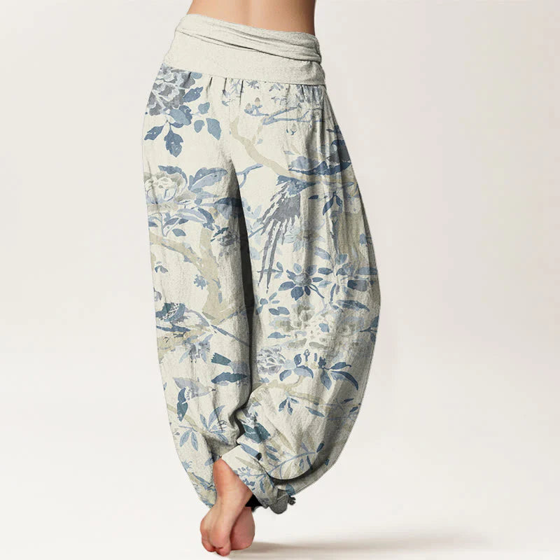 Pantalon Sarouel pour Femme à Taille Élastique avec Motif d’Oiseaux, de Branches et de Fleurs