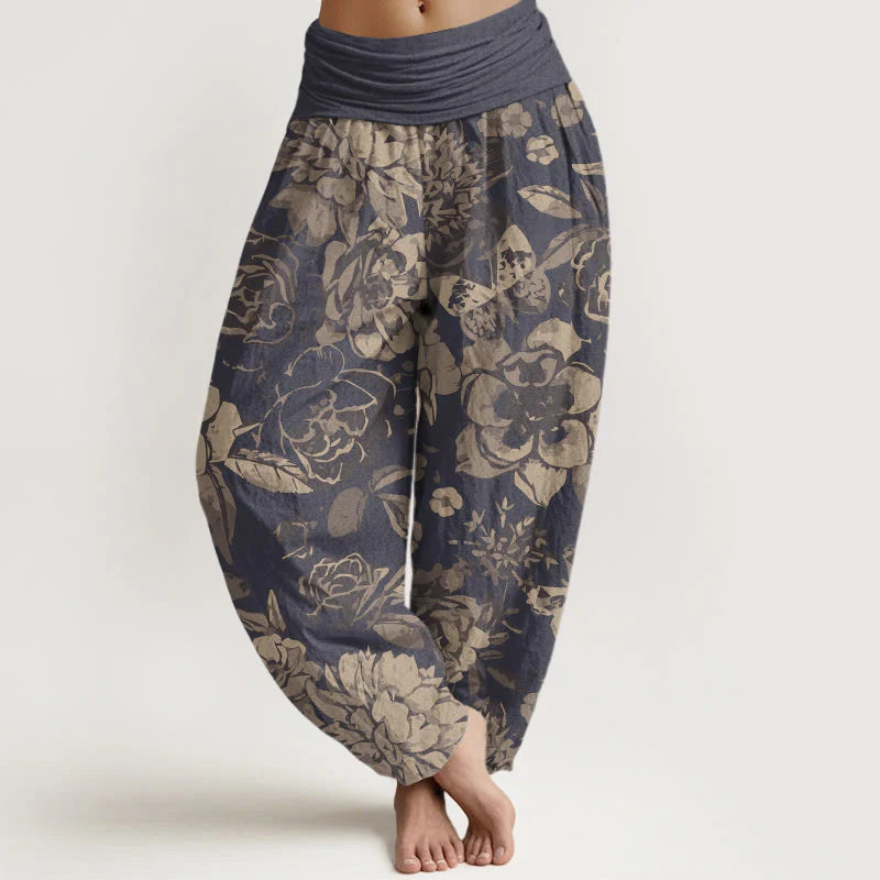 Pantalon Sarouel Décontracté pour Femme à Taille Élastique avec Motif de Fleurs de Pivoine et Feuilles