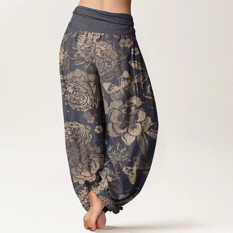 Pantalon Sarouel Décontracté pour Femme à Taille Élastique avec Motif de Fleurs de Pivoine et Feuilles