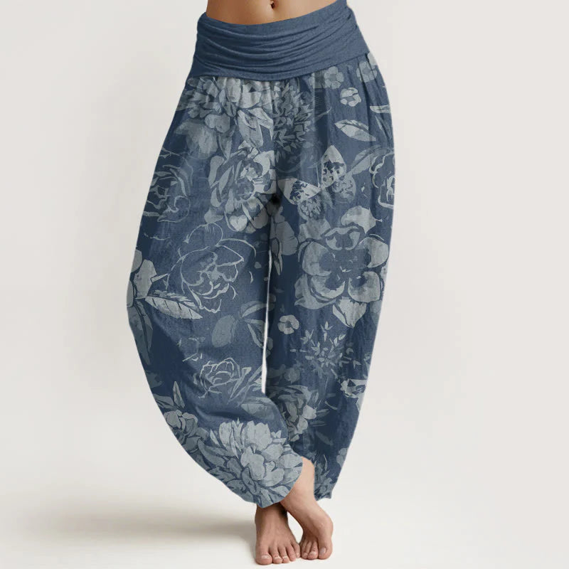 Pantalon Sarouel Décontracté pour Femme à Taille Élastique avec Motif de Fleurs de Pivoine et Feuilles