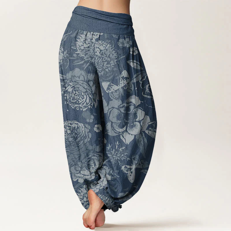 Pantalon Sarouel Décontracté pour Femme à Taille Élastique avec Motif de Fleurs de Pivoine et Feuilles