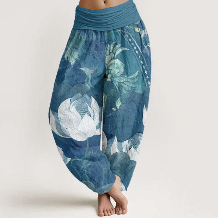 Pantalon Sarouel Décontracté pour Femme à Taille Élastique avec Motif de Lotus Blanc et de Feuilles