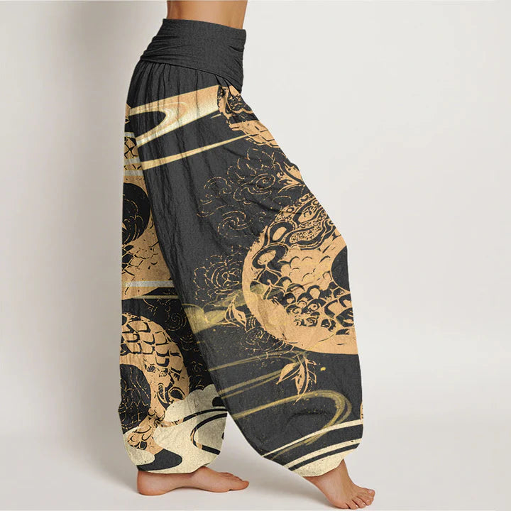 Pantalon Sarouel pour Femme à Taille Élastique – Motif Nuages Auspicieux et Serpent
