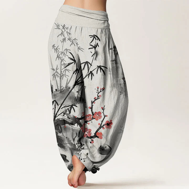 Pantalon Sarouel pour Femme à Taille Élastique avec Motif de Fleurs de Prunier, Bambou, Orchidées et Chrysanthèmes