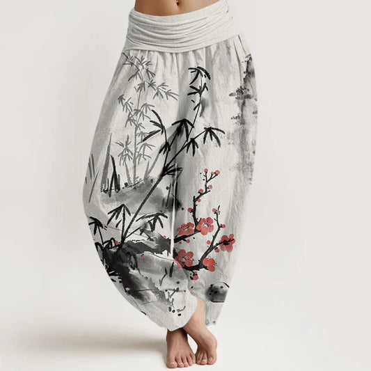 Pantalon Sarouel pour Femme à Taille Élastique avec Motif de Fleurs de Prunier, Bambou, Orchidées et Chrysanthèmes