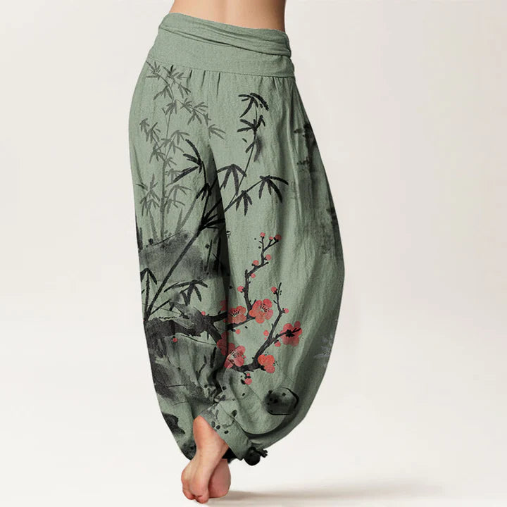 Pantalon Sarouel pour Femme à Taille Élastique avec Motif de Fleurs de Prunier, Bambou, Orchidées et Chrysanthèmes