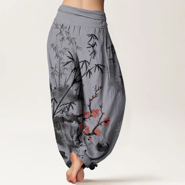 Pantalon Sarouel pour Femme à Taille Élastique avec Motif de Fleurs de Prunier, Bambou, Orchidées et Chrysanthèmes