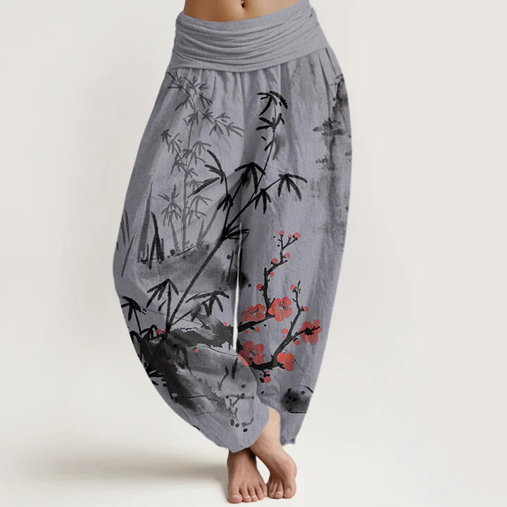 Pantalon Sarouel pour Femme à Taille Élastique avec Motif de Fleurs de Prunier, Bambou, Orchidées et Chrysanthèmes
