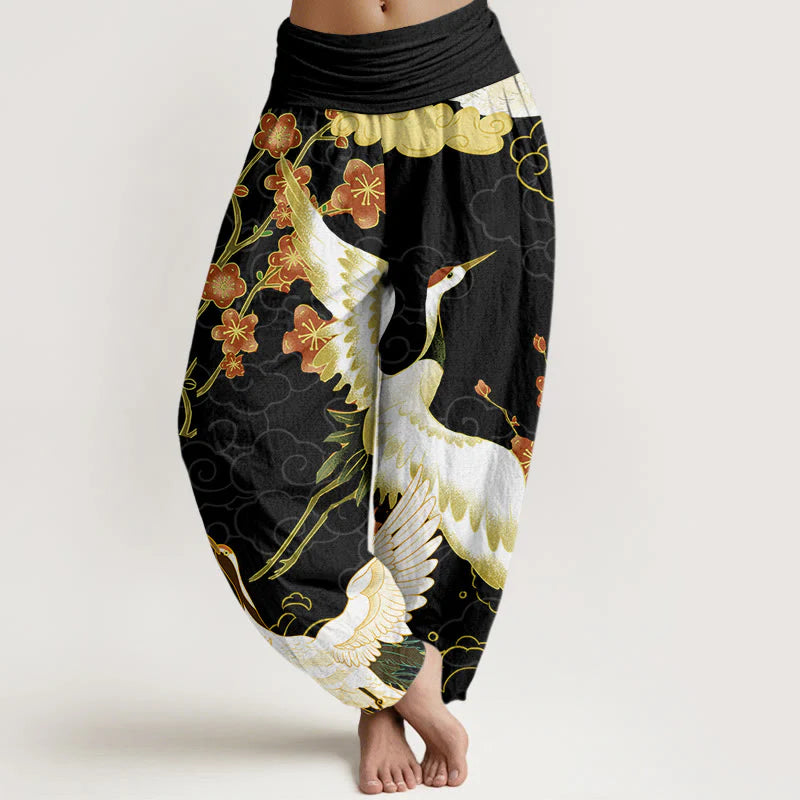 Pantalon Sarouel pour Femme à Taille Élastique avec Motif de Grues, Fleurs et Nuages Auspicieux
