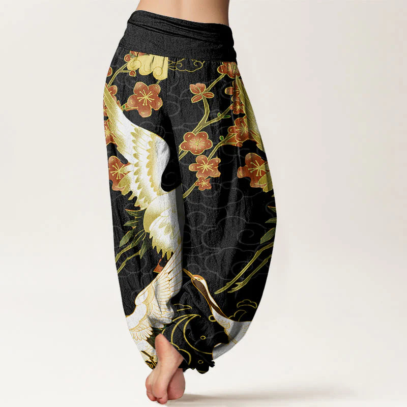 Pantalon Sarouel pour Femme à Taille Élastique avec Motif de Grues, Fleurs et Nuages Auspicieux